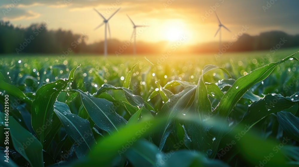 renewable energy solutions, sustainable energy at agriculture farm. wind turbines at green maize or or corn field with blurred wind turbines at background.