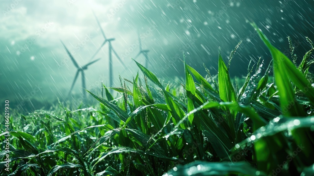 renewable energy solutions, sustainable energy at agriculture farm. wind turbines at green maize or or corn field with blurred wind turbines at background.