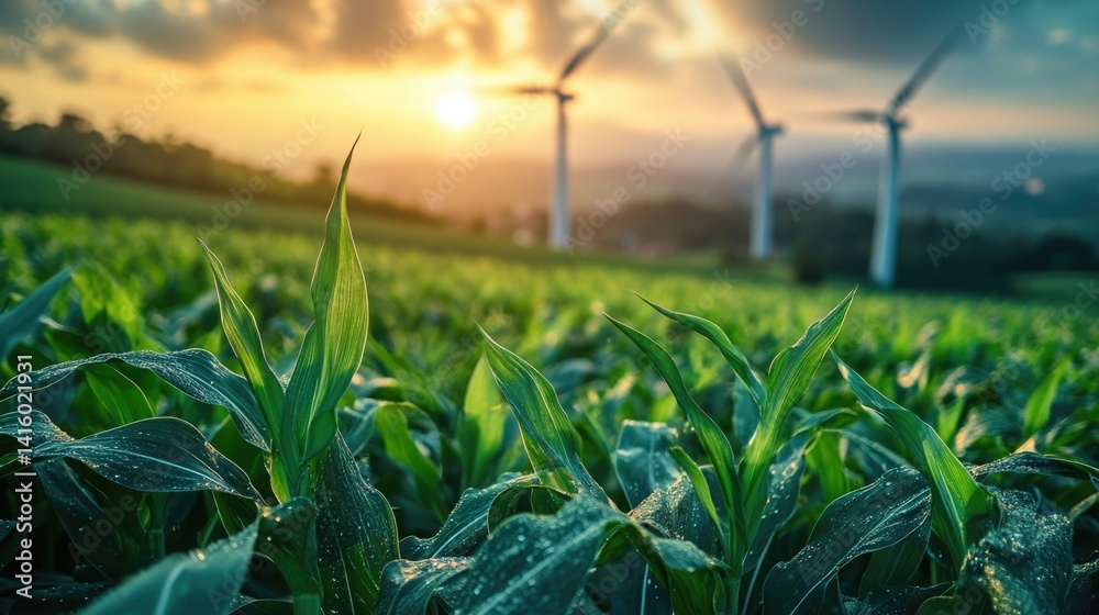 renewable energy solutions, sustainable energy at agriculture farm. wind turbines at green maize or or corn field with blurred wind turbines at background.
