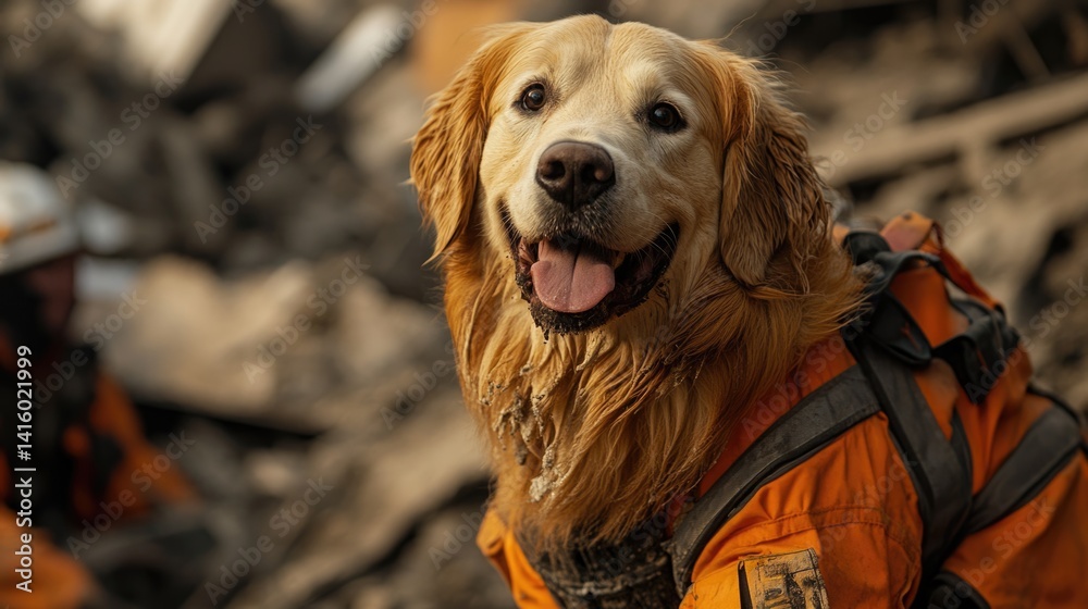 golden retriever rescue dog amidst ruined buldings, searching for survivors under collapsed buildings after earthquake disaster.