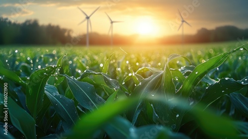 Obraz na płótnie renewable energy solutions, sustainable energy at agriculture farm. wind turbines at green maize or or corn field with blurred wind turbines at background. w salonie