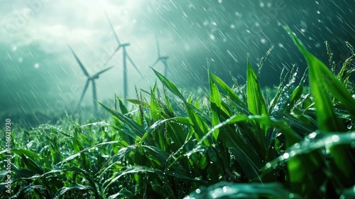 Obraz na płótnie renewable energy solutions, sustainable energy at agriculture farm. wind turbines at green maize or or corn field with blurred wind turbines at background. w salonie