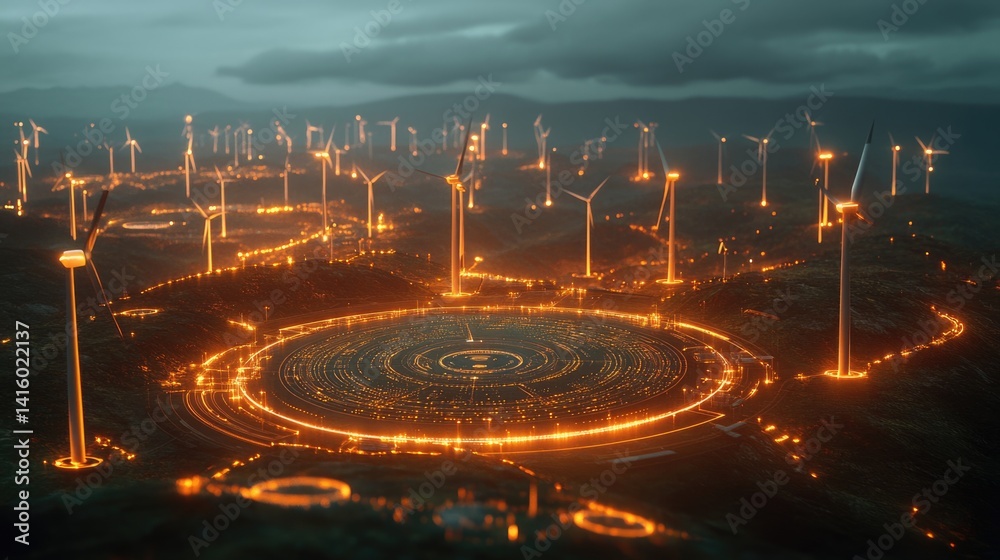 futuristic graphic icons of Scada system of operator controller engineer at wind turbines farm.