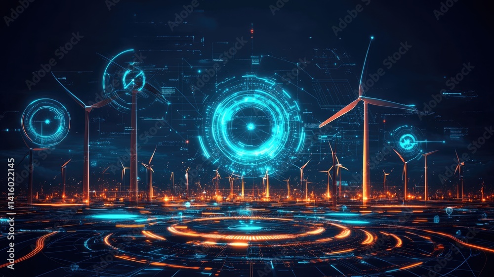 futuristic graphic icons of Scada system of operator controller engineer at wind turbines farm.