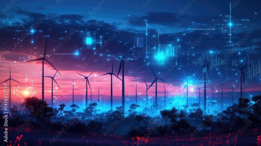 futuristic graphic icons of Scada system of operator controller engineer at wind turbines farm.