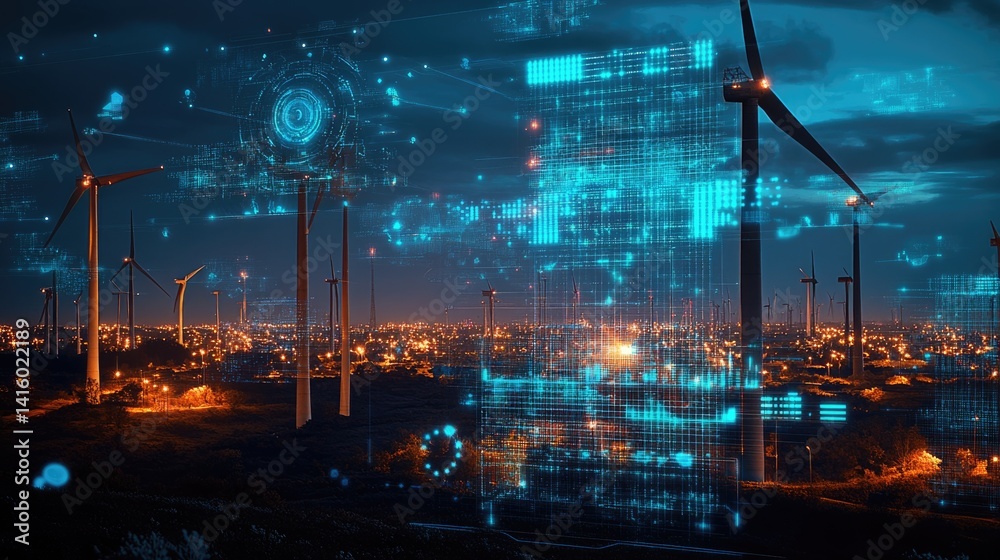 futuristic graphic icons of Scada system of operator controller engineer at wind turbines farm.