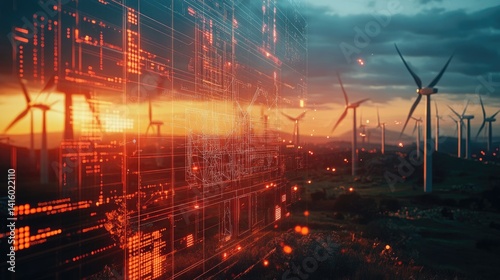 Obraz na płótnie futuristic graphic icons of Scada system of operator controller engineer at wind turbines farm. w salonie