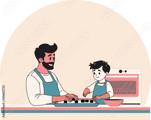 father day cooking, wearing aprons happily bake together in the kitchen ,Celebrating bonding moments, Perfect for Father's Day greeting designs.