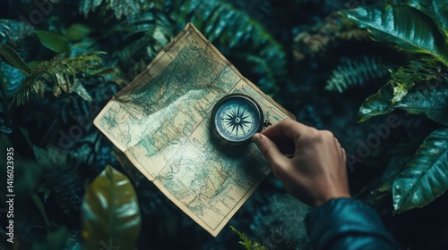 Fototapeta Naklejka Na Ścianę i Meble -  Vintage map and compass in jungle setting