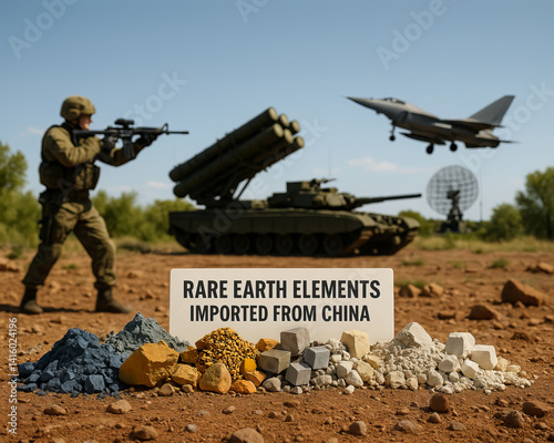 Rare Earth Elements Displayed with Military Defense Systems in Background Room for text, copy space
