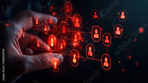 A close-up of a hand interacting with a digital network of user profiles in red against a dark background, symbolizing connectivity.