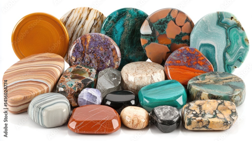 Range of lapidary disks and gem holders arranged for demonstration on clean white background