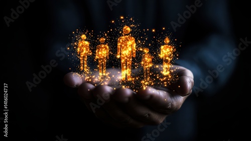 A hand holding glowing figures, symbolizing teamwork and connection in the digital age. A blend of mystery and innovation.