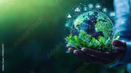 A male hand holds a glowing globe surrounded by green leaves, symbolizing sustainability and environmental care.