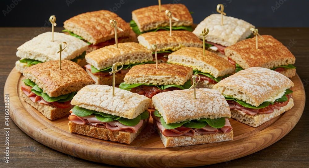 Assorted Mini Sandwiches Platter, Close-up Food Photography for Catering Events and Party Appetizers