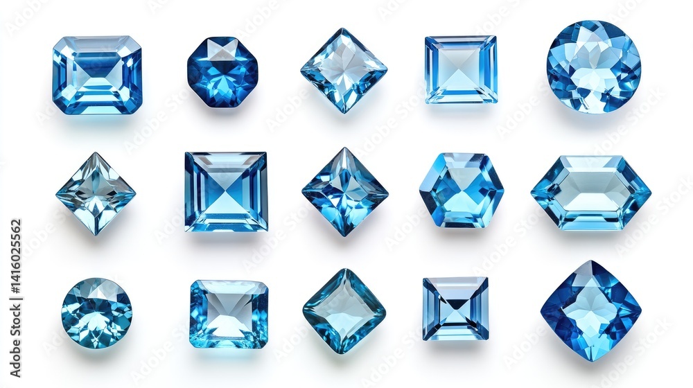 Set of blue topaz stones in different cuts arranged in rows on white background