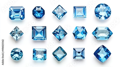 Obraz na płótnie Set of blue topaz stones in different cuts arranged in rows on white background w salonie