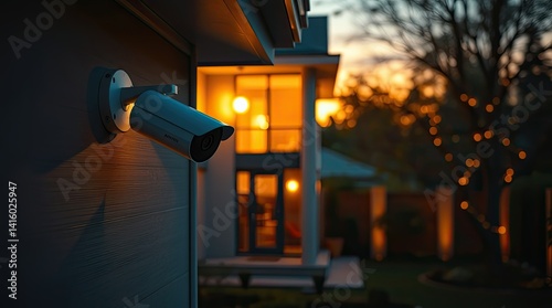 A security camera is mounted on a house overlooking a tranquil yard illuminated by warm lights as the sun sets creating a peaceful twilight atmosphere