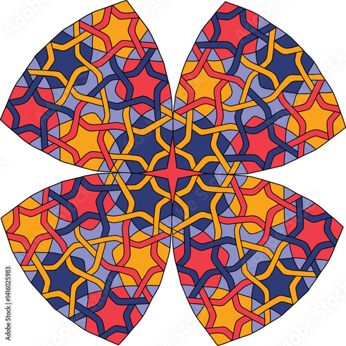 Intricate Geometric Pattern: A captivating geometric design featuring a mesmerizing arrangement of interwoven red, orange, and blue lines and shapes.