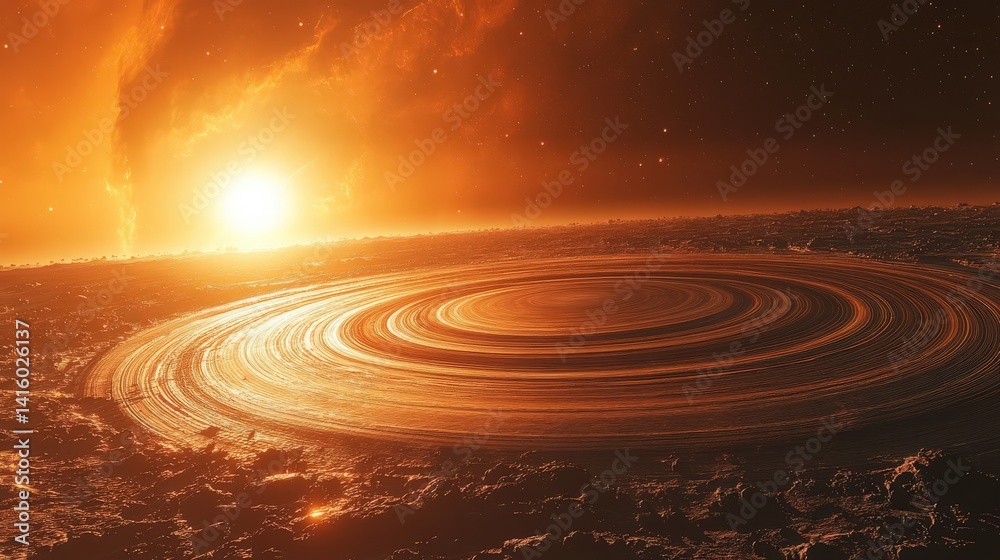 Fototapeta premium Hypnotic orange planet with mesmerizing rings floating in deep cosmos