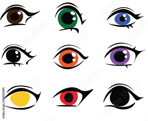 Diverse Eye Expressions: A captivating array of stylized eyes showcases a vibrant spectrum of colors and expressions, from curious and alert to a range of human emotional.