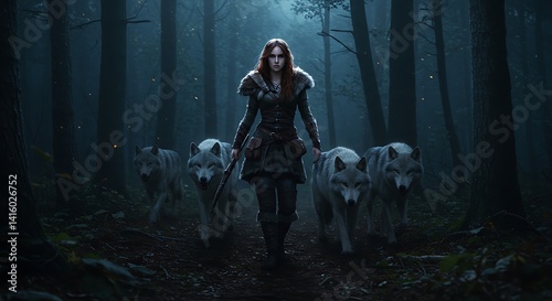 A lone huntress moves silently through the forest, accompanied by a pack of wolves. The night is dark, but the huntress’s sharp eyes pierce through the shadows as the wolves silently track their prey
