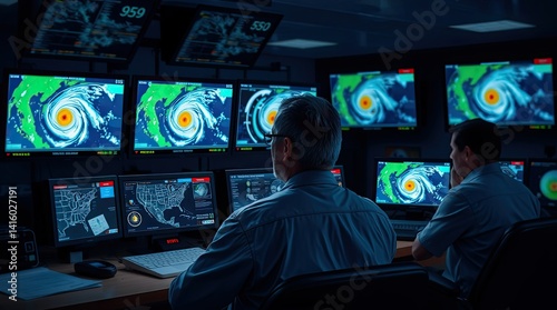 Two professionals analyze multiple screens displaying hurricane tracking maps and weather data in a control center during nighttime operations