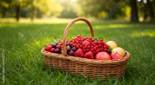 A woven fruit basket filled with fresh berries and apples rests on a green meadow.