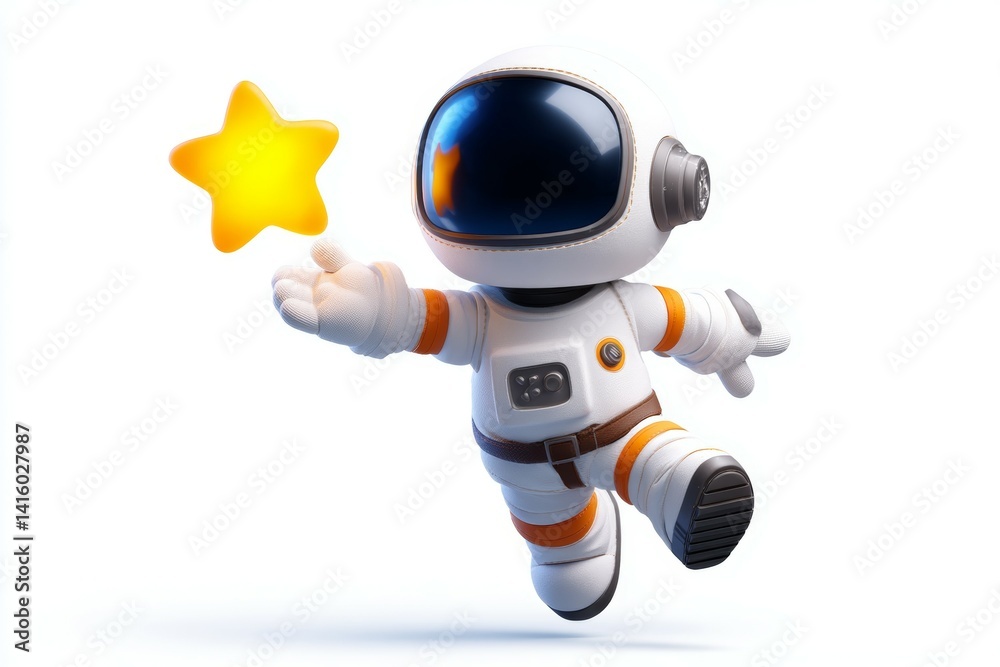 Cute astronaut character reaching for a glowing star in space Cute astronaut character reaching for a glowing star in space