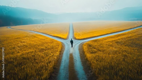 Decision Crossroads: A lone figure stands at a symbolic crossroads, three distinct paths diverging into the unknown, embodying the universal human journey of choice, the photograph.