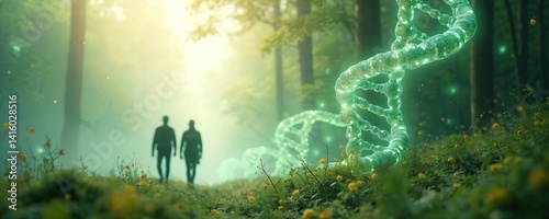 Two figures walk through luminous forest, next to glowing DNA strand. Scene blends nature, science tech, and future eco concepts. Genetic enhancement, prolonged life, green renewal are main themes.