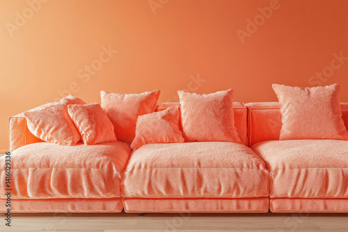 livingroom with accent bright peach fuzz sofa and pale orange coral wall. large sofa with cushions in velor fabric. lounge area in the home. mockup luxury design room and furniture. 3d render