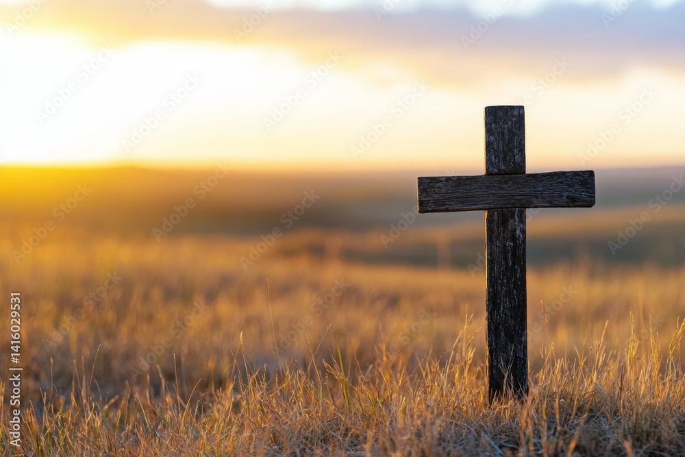 Wooden cross is standing in a field of tall grass