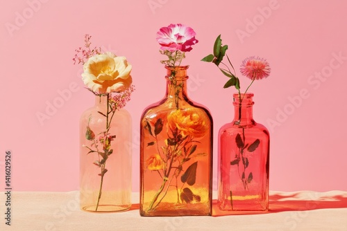 Three colorful glass bottles, each holding dried flowers, create a vibrant still life. photo