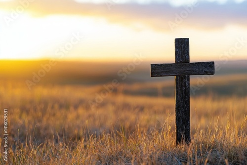 Obraz na płótnie Wooden cross is standing in a field of tall grass w salonie