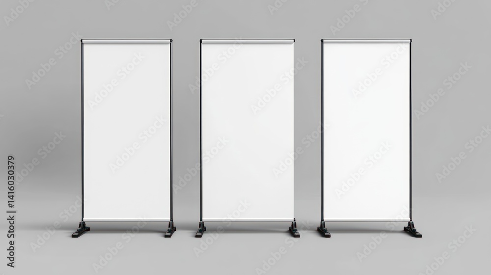 Three blank roll up banner stands against gray backdrop for advertising mockups Three blank roll up banner stands against gray backdrop for advertising mockups