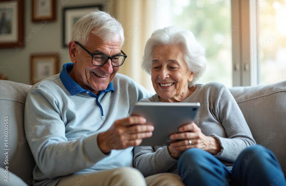Happy senior couple enjoys video call on tablet at home. Smiling elderly man, woman communicate remotely online. Grandmother, grandfather have fun using tech, modern cyberspace connection. Happy senior couple enjoys video call on tablet at home. Smiling elderly man, woman communicate remotely online. Grandmother, grandfather have fun using tech, modern cyberspace connection.