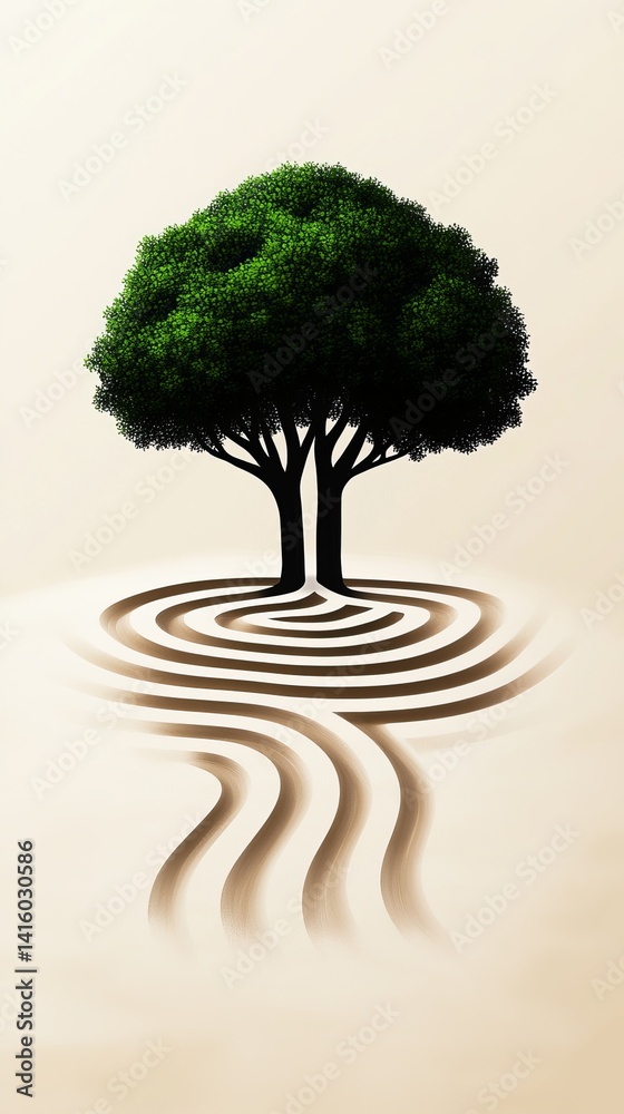 A tree stands atop a concentric labyrinth with meandering pathways on a cream background.