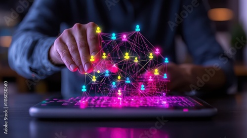 A male adult interacting with vibrant digital network graphics above a laptop, showcasing innovation and connectivity.