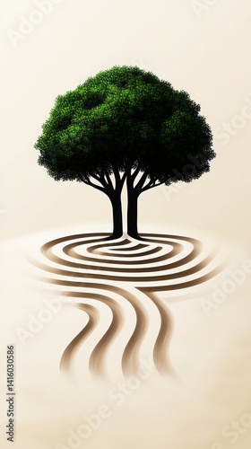 Obraz na płótnie A tree stands atop a concentric labyrinth with meandering pathways on a cream background. w salonie