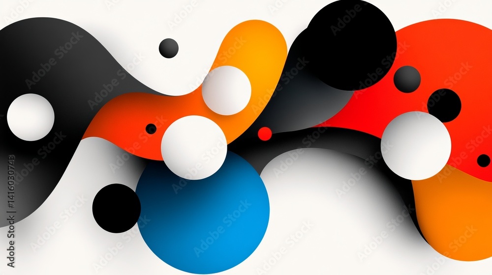 Abstract artwork features overlapping orange, black, red, and blue shapes along with spherical objects over a white backdrop.