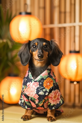 Dachshund in yukata posing with festival lanterns in background
