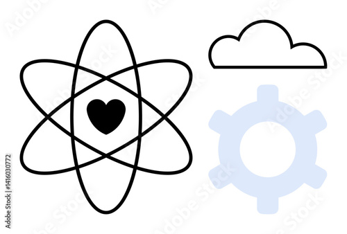 Atomic structure with a heart at its center, a cloud, and a gear. Ideal for innovation, science, creativity, technology, progress problem-solving and teamwork. Flat simple metaphor