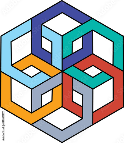 Intertwined Hexagon Cubes: An intriguing geometric composition of interconnected, three-dimensional cubes forming a cohesive hexagonal shape.