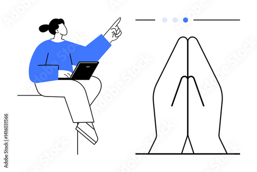 Woman using a laptop gestures towards a symbol of praying hands above. Ideal for spiritual guidance, online learning, mindfulness, teamwork, collaboration, digital media, simple landing page
