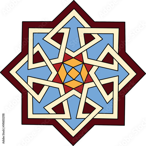 Geometric Star Pattern:  Intricate geometric star pattern, showcasing a harmonious blend of shapes and colors, offering a timeless visual appeal and versatile design element.