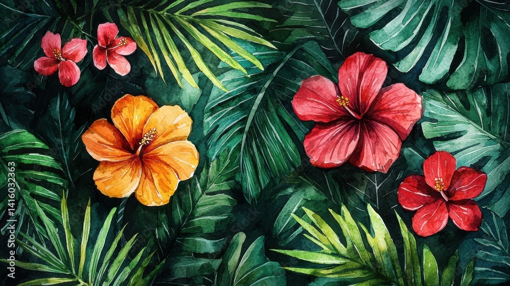 custom made wallpaper toronto digitalWatercolor Tropical Hibiscus Flowers and Lush Green Leaves