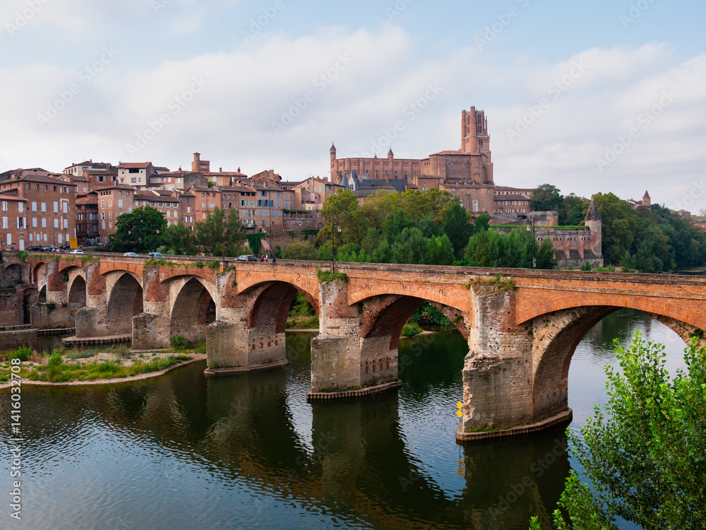 Fototapeta premium Picturesque landscape with a view of the ancient bridge over the Tarn River in the city of Albi, France