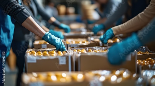 Volunteers package oranges in warehouse, food bank donation