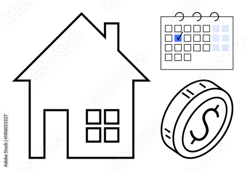 House outline, calendar with checkmark, and dollar coin emphasize homeownership budgeting, mortgage payments, rent scheduling, savings, and property planning. Ideal for finance, housing investment